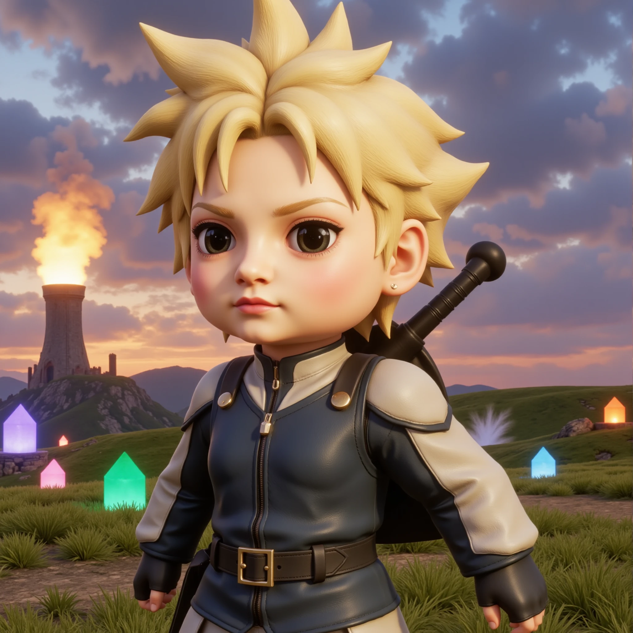 <lora:AntiBlur:3>, <lora:Unreal_Engine_Render_Style:0.5>,  <lora:World of Final Fantasy:1>, WOFinalFantasy
A hyper-realistic unreal engine render inspired by the art style of World of Final Fantasy.
A chibi-style version of Cloud Strife from Final Fantasy VII,. Cloud should have his signature spiky blonde hair, exaggerated in a cute, playful way, and be wearing his iconic SOLDIER uniform, but with a more cartoonish and simplified design. His large, oversized Buster Sword is almost comically big compared to his small, chibi body. He stands confidently, with a determined yet adorable expression, his big, round eyes full of resolve. The background is a colorful, fantasy-like setting, featuring a glowing Mako reactor in the distance, with lush fields and vibrant, floating crystals. The overall tone is light-hearted and charming, blending Cloud's stoic character with the cute, exaggerated proportions of World of Final Fantasy.