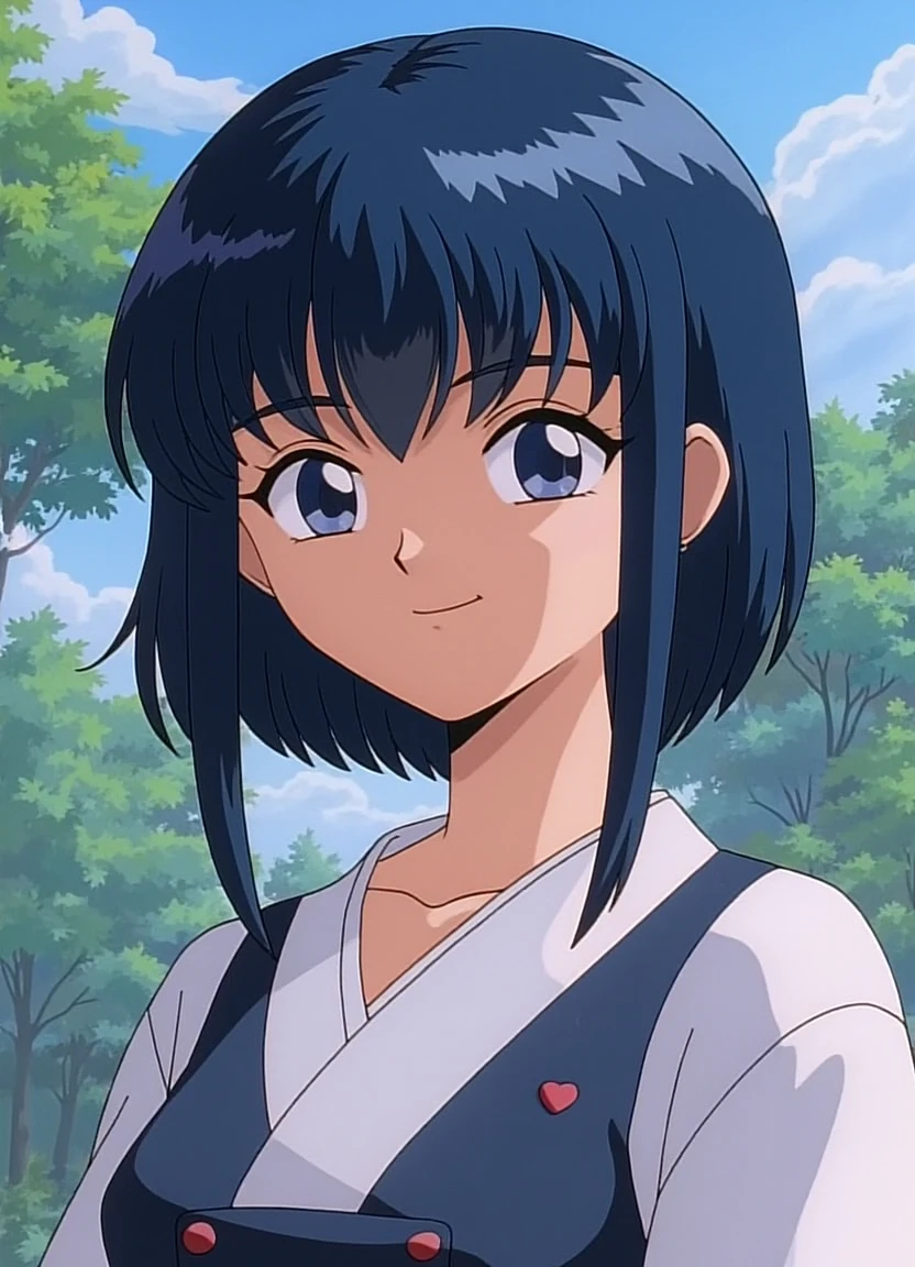 tenchi_style a woman with dark blue hair in bangs