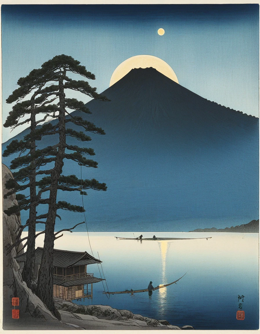 fisherman, lake, moon, mountain, japan, architecture, <lora:Koho_Shoda:1.0> kohoshoda