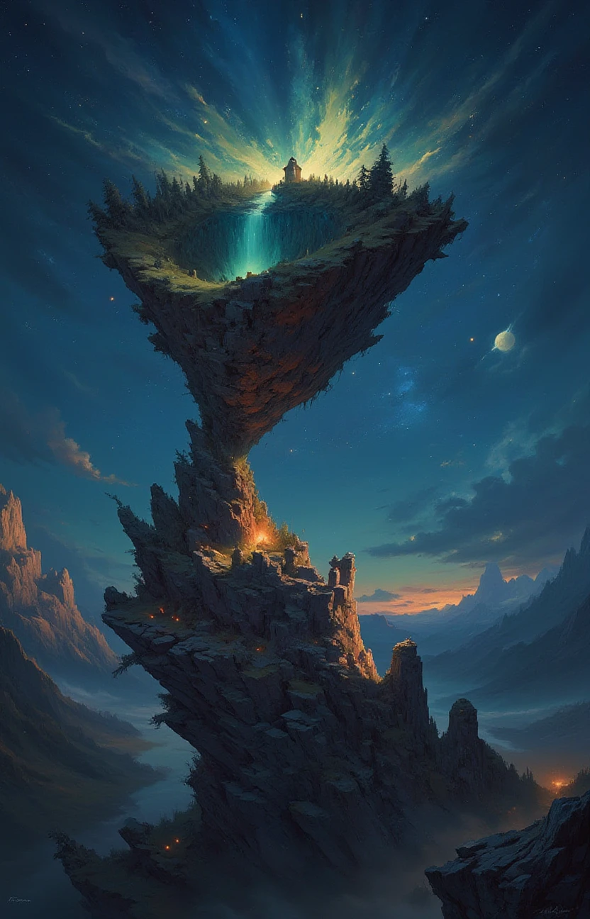 a strange impossible fast moving gravitation tilted 454.78 degree upside down, baffling optical illusion, disorienting angle, a mountain covered in trees rocky body and a chiseled rocky uncanny, resting on a mountain top, overlooking a fantasy village, nighttime, epic, fireflies, deep shadows, <lora:- Flux1 - impossible_geometry_V1.0:.7>
