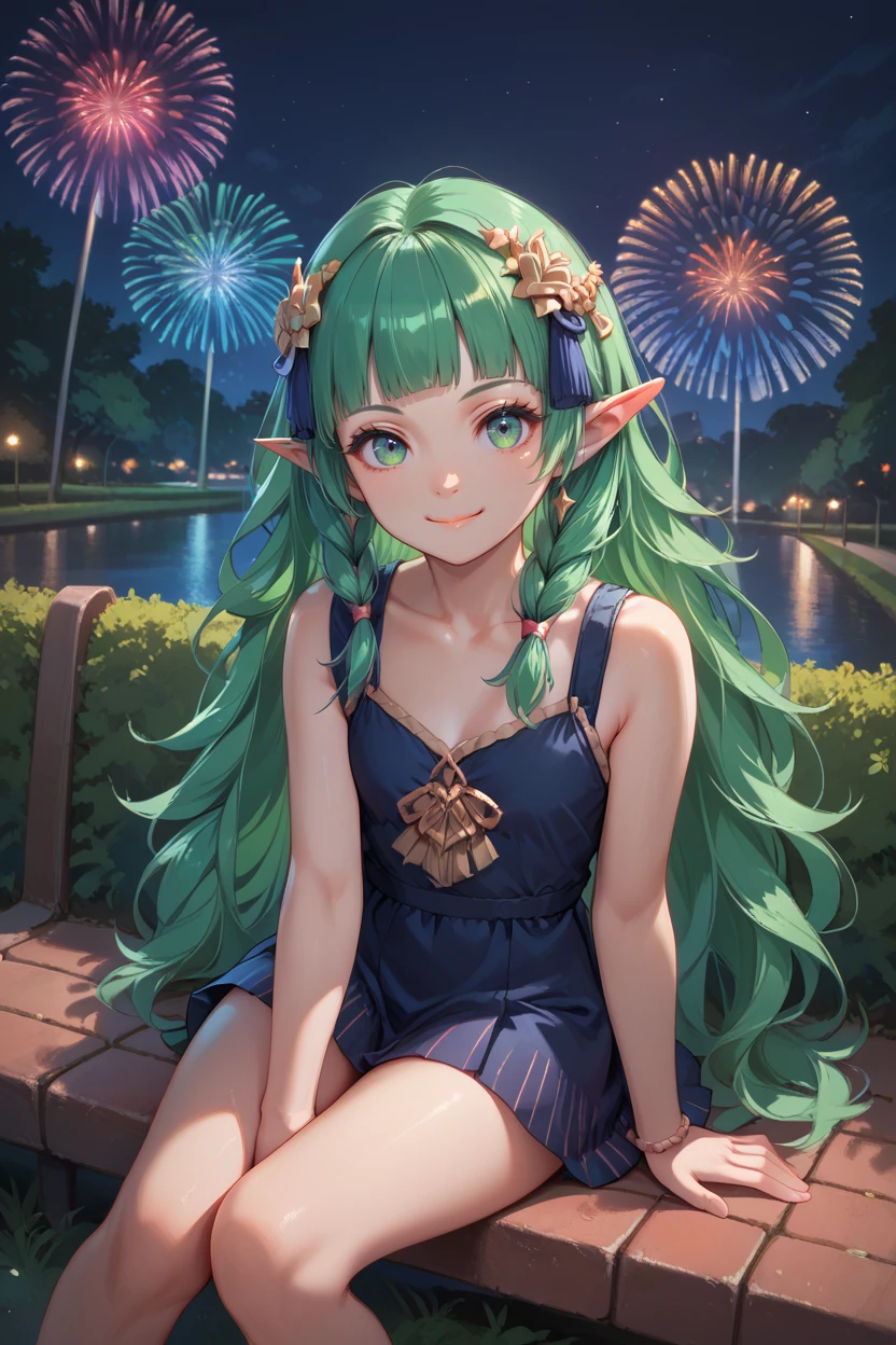 score_9, score_8_up, score_7_up, score_6_up
<lora:FESothis:1.0>
FESothis, 1girl, green hair, long hair, blunt bangs, pointy ears, looking at viewer, sitting, at night, fireworks, park, looking up, smile