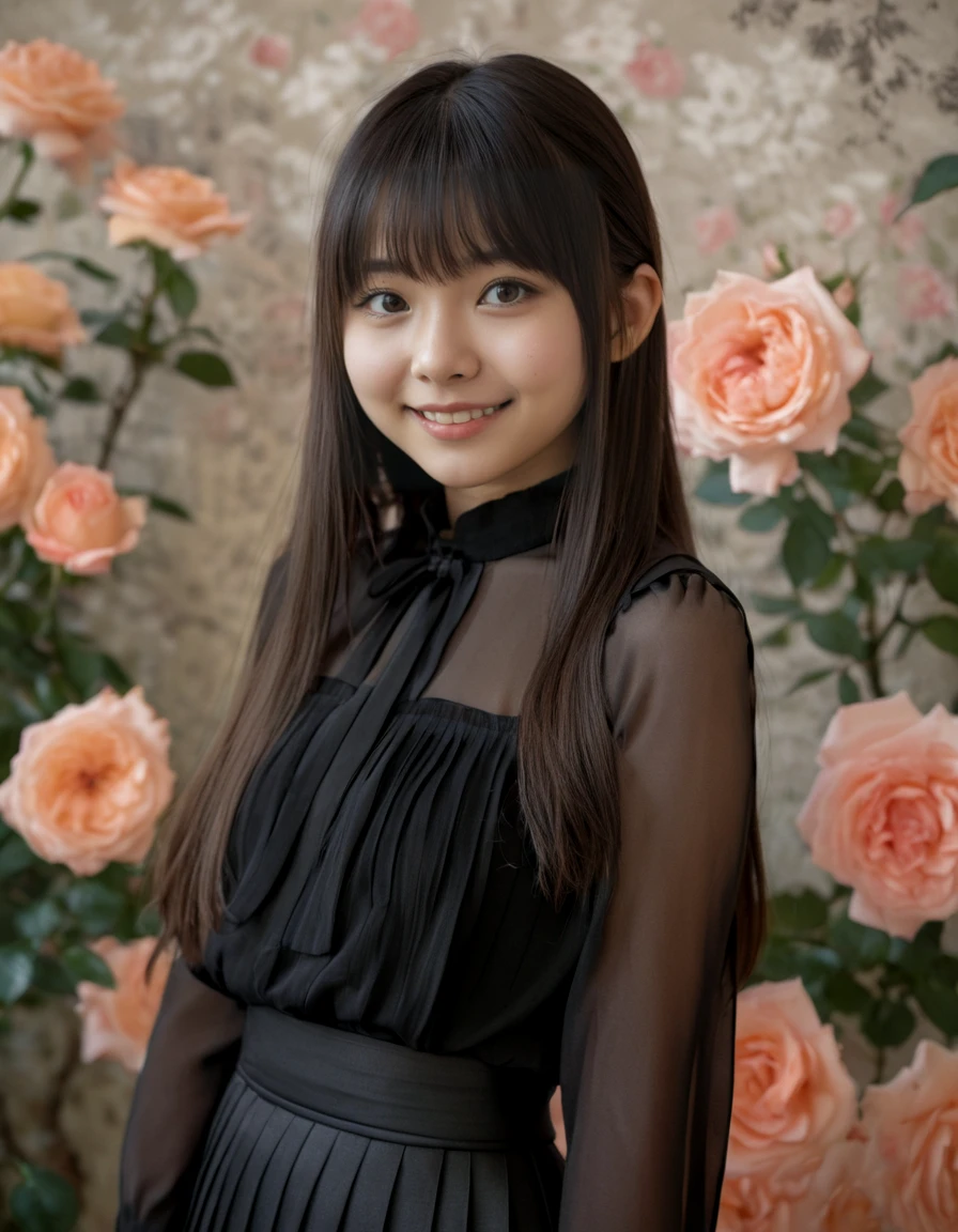 Hight detail RAW color photo, professional photograph, Front composition, high brightness, high saturation,
1 girl, beautiful japanese woman, 20 yo, Straight Long Hair with Straight bangs, Big round eyes, smiling,
Shoulder Bare collared See-through blouse and A Pleated loose black skirt,
Lots of roses Wallpaper, <lora:roseyard:0.7>