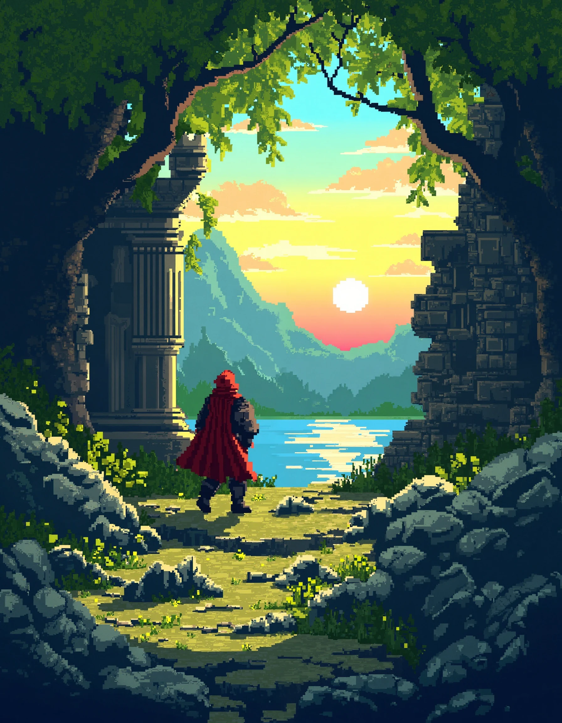 (ruins, broken, summer, dappled sunlight:1.2), sun, tree, forest, scenery, rock, reflection, water, ancient, overgrown, mountains, sunset, clouds, mountainous horizon, fantasy, medieval, 1other, looking away, cloak, (pixel art, pixelated:1.2), (masterpiece, exceptional, best aesthetic, best quality, masterpiece, extremely detailed:1.2), in the style of umempart