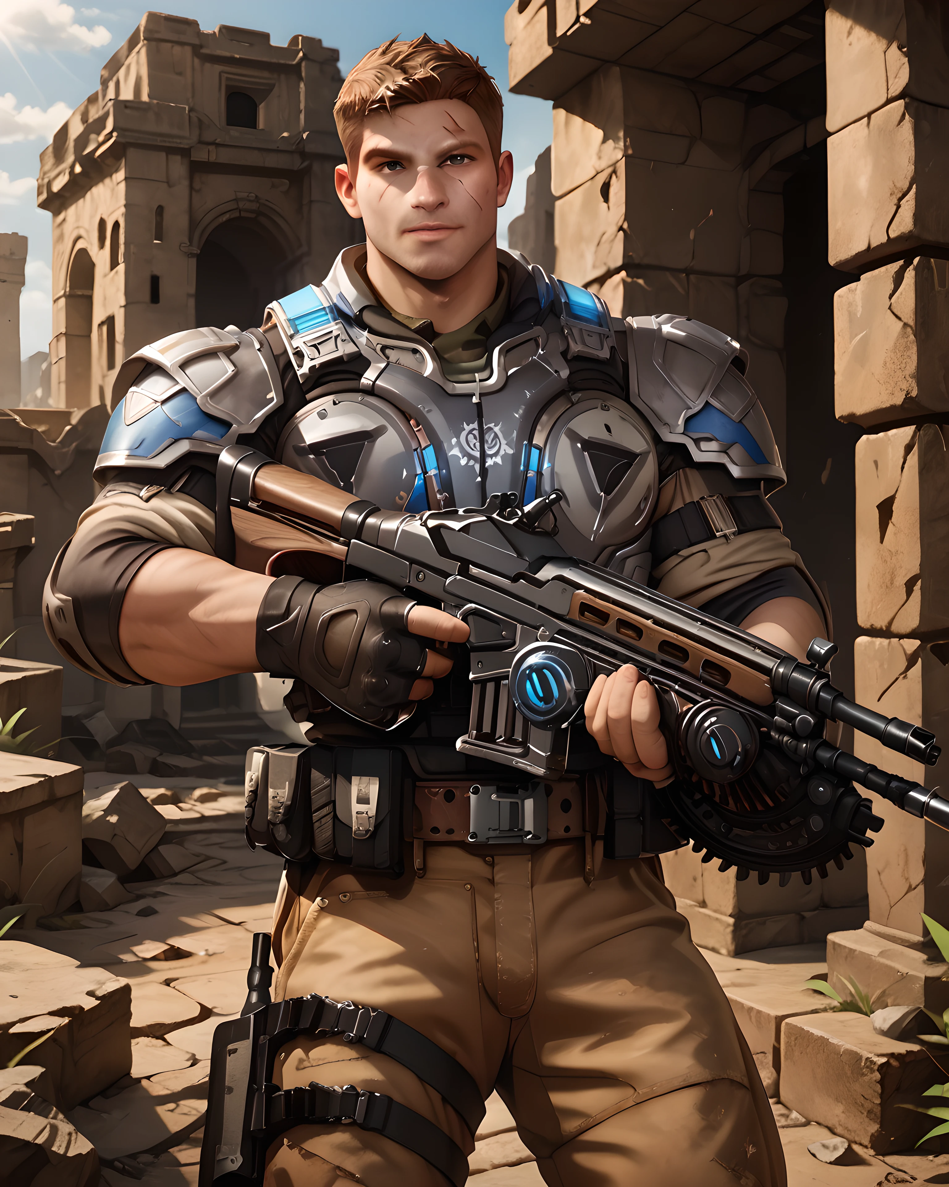 <lora:JD_Fenix_PonyXL-10(1):0.9> jd_fenix, brown hair, outdoor, ruins, daytime, looking at viewer, long pants, armor, short hair, muscular, bara, trigger discipline, holding assault rifle, assault rifle, scar, score_9, score_8_up, score_7_up, score_6_up,