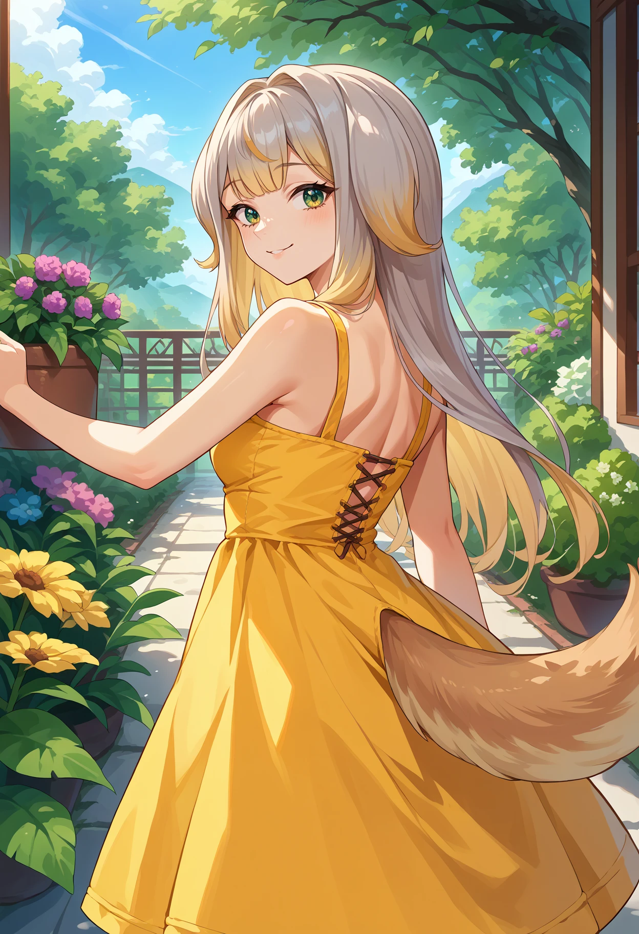 score_9, score_8_up, source_anime, 1girl, solo, RuriShioriha, multicolored eyes, multicolored hair, long hair, animal ears, tail, from behind, yellow sundress, garden, day, sunshine, smile, looking back, <lora:ChamRuriShiorihaPonyXL:1>