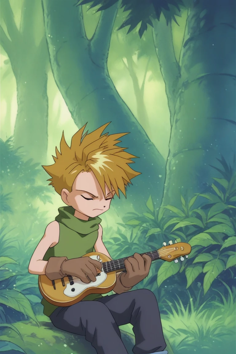 score_9, score_8_up, score_7_up, yamato ishida, blonde hair, blue eyes, solo, 1boy, gloves, male focus, closed eyes, sleeveless, shirt, green shirt, brown gloves, sitting, instrument, spiked hair, music, pants, playing instrument, sleeveless shirt, nature, outdoors