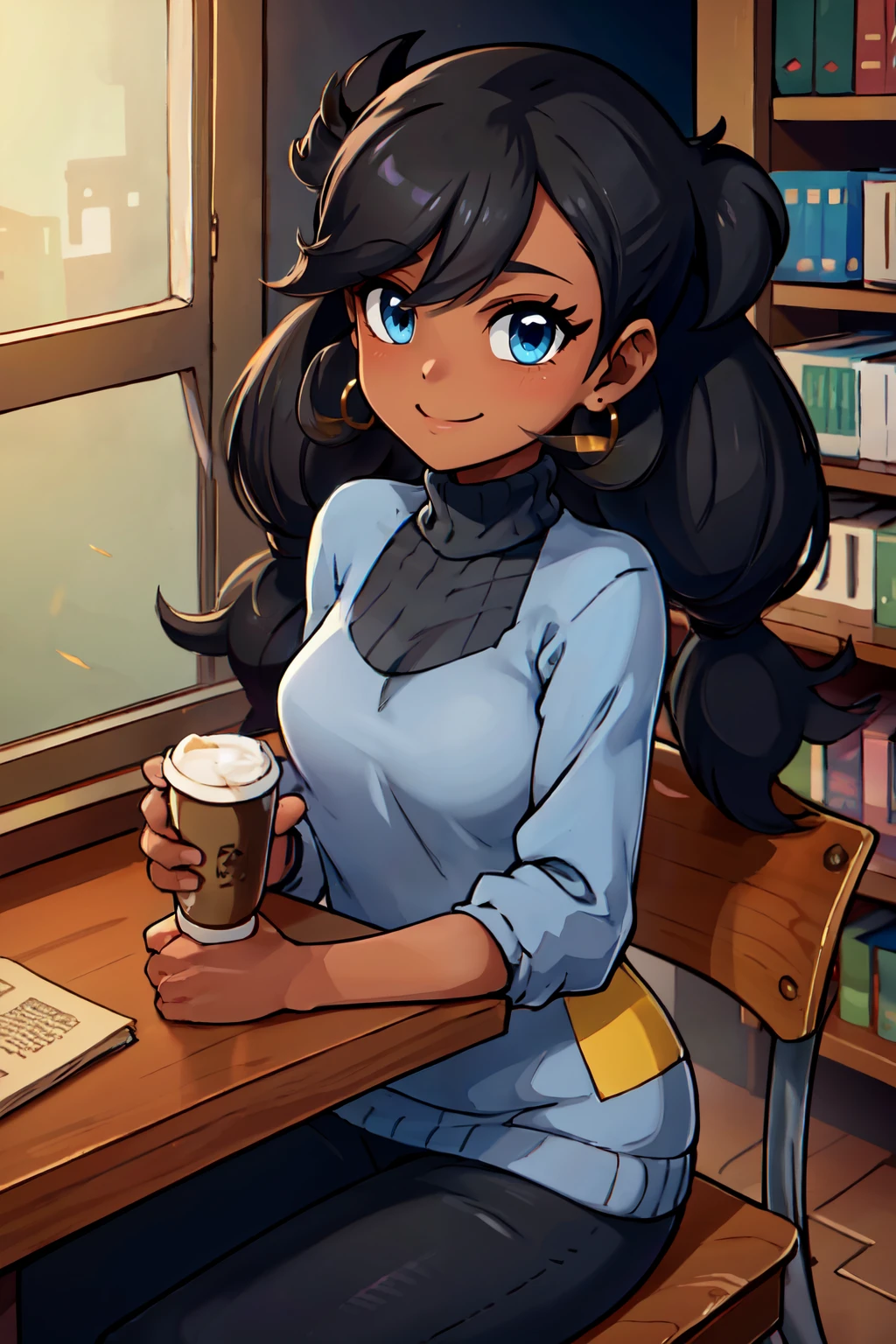 ((masterpiece,best quality)), absurdres,  BREAK, , <lora:Emma_Pokemon:0.7>, zzEmma, long hair, black hair, dark skin, dark-skinned female, bangs, blue eyes, twintails, eyelashes, , BREAK, turtleneck sweater, earrings, library, cup of coffee, sitting at table, BREAK, solo, smile, looking at viewer, cowboy shot,