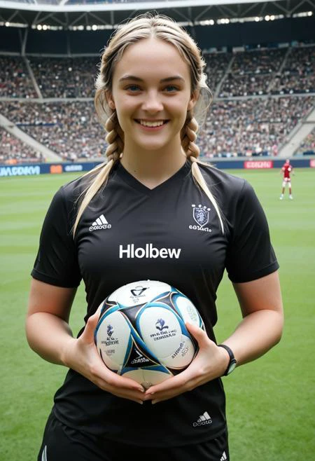 score_9, score_8_up, score_7_up, award-winning NSFW photograph, 1girl, 23yo harper_fit_girl, brunette hair with blonde highlights, blue eyes, french braids, smiling, rugby shirt, rugby pitch, holding rugby ball