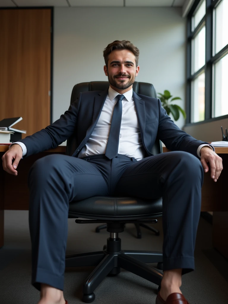 Iskender wearing business suit. He is in his office and sitting on his office desk. His legs are spread and he has a bulge