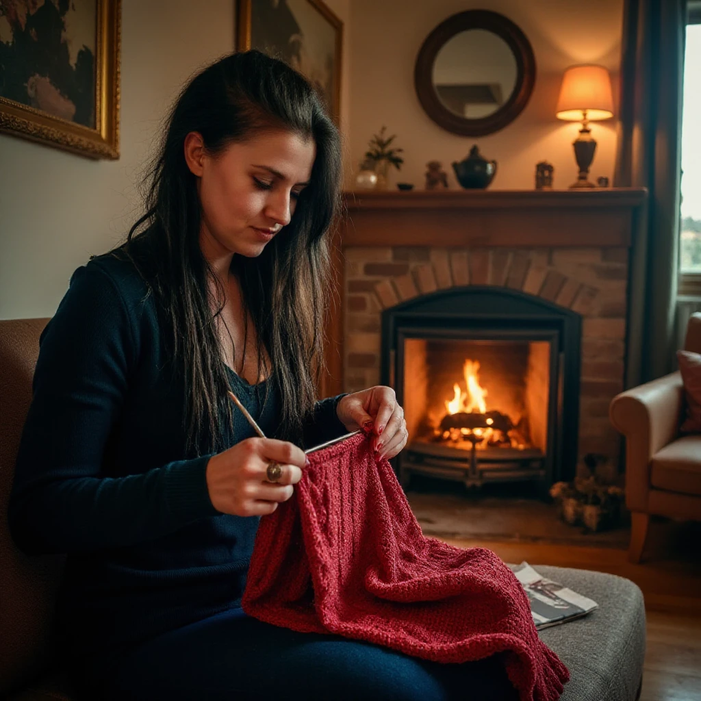 :Anna Brunner, dark hair, is knitting socks, sitting ina livingroom with a fireplace <lora:Anna_Brunner:0.9>