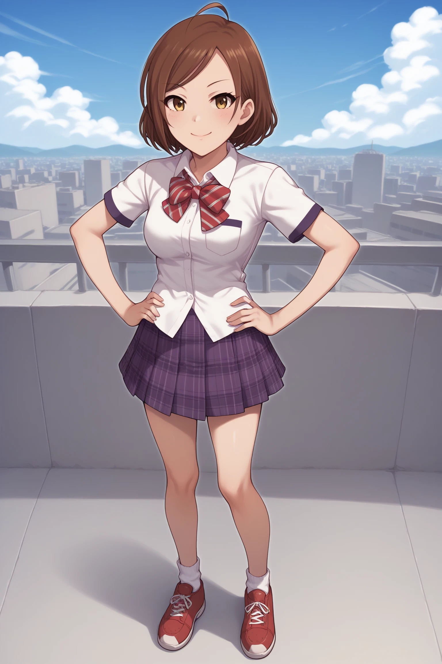 score_9, score_8_up, score_7_up, score_6_up, score_5_up, source_anime, rating_safe, medium breasts, outdoors, city, skyscraper, rooftop, 1girl, solo, looking at viewer, im yujin, brown hair, short hair, ahoge, yellow eyes, long eyelashes, idolmaster cinderella girls, school uniform, short sleeves, purple sleeve ends, white shirt, collared shirt, breast pocket, red bowtie, untucked shirt, purple skirt, plaid skirt, pleated skirt, short skirt, <lora:Yujin_Im:0.8>, <lora:untucked_shirt-000006:1>, closed mouth, hands on own hip, blue sky, white socks, red sneakers, (full body:1.2)