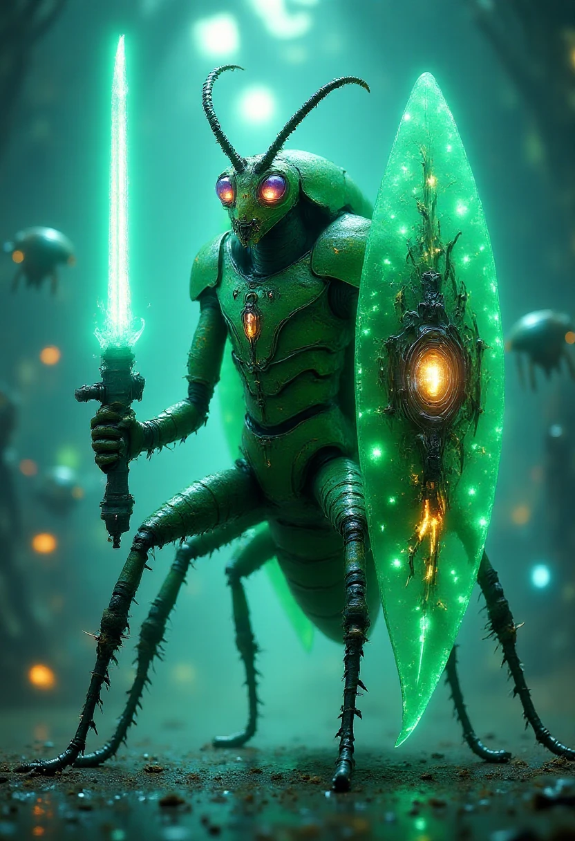 A glowing, lime-green mantis knight holding a pulsating plasma shield and a sleek, futuristic lightsaber. The mantisâs armor is metallic, and its eyes glow bright purple. The setting is an alien arena, surrounded by hovering drones that serve as spectators. The artwork captures a sense of regal nobility, blending medieval knight aesthetics with a futuristic twist, in a style reminiscent of Haloâs concept art with a fantasy bent. , InsectCommandos