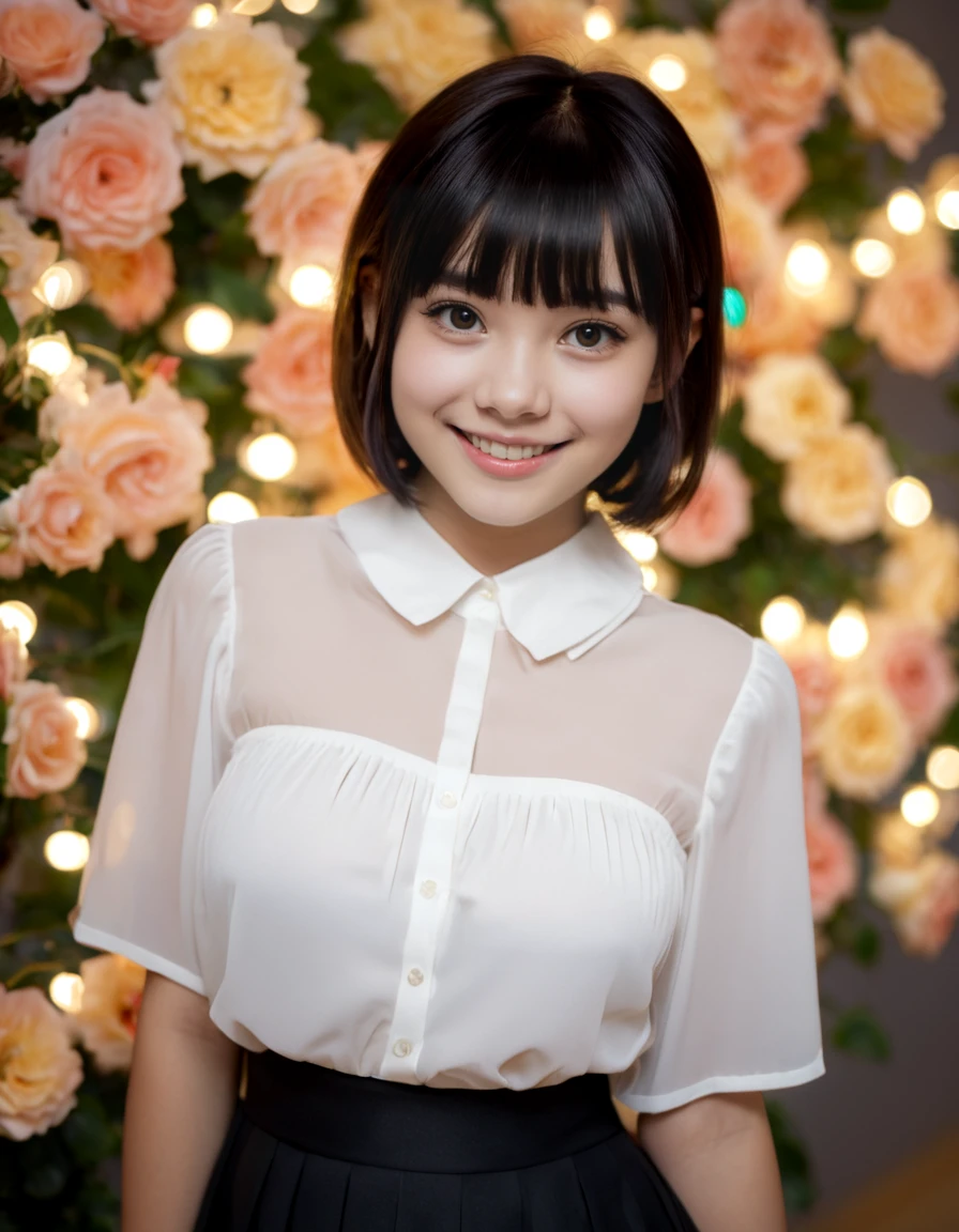 Hight detail RAW color photo, professional photograph, Front composition, high brightness, high saturation,
beautiful japanese woman, 20 yo, (Big Breasts:1.4), Skinny,
Short Bob hair with Straight bangs, Big round eyes, smiling,
Shoulder Bare collared white See-through blouse and A Pleated loose black skirt,
BREAK
Colorful flowers blooming, Lots of roses Wallpaper, <lora:roseyard:1>, String Lights