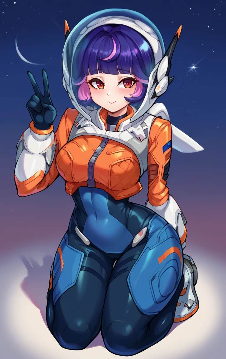 score_9,score_8_up,score_7_up BREAK junoSDXL,<lora:juno-09:1>,1girl,short hair,gloves,pink hair,purple hair,brown eyes,blunt bangs,bodysuit,skin tight,gloves,helmet,spacesuit,space helmet,night sky,cowboy shot,kneeling, v,