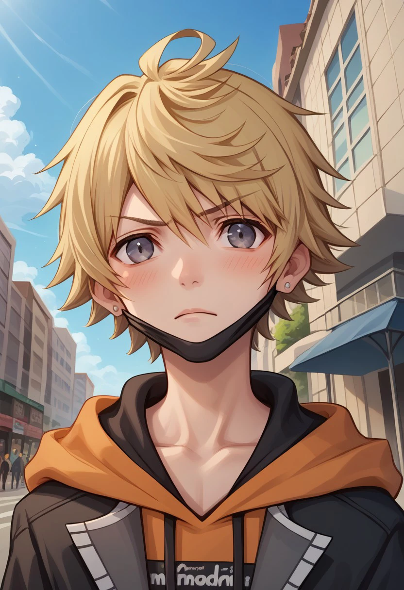 score_9, score_8_up, score_7_up, source_anime, highly detailed, 
rindokanade, solo, blonde hair, 1boy, male focus, hood, mask, 
hoodie, orange hoodie, mouth mask, jacket, looking at viewer, standing, hood down, grey eyes, mask pull, upper body, frown, blush, earrings,
outdoor, sky, cloud, building, street