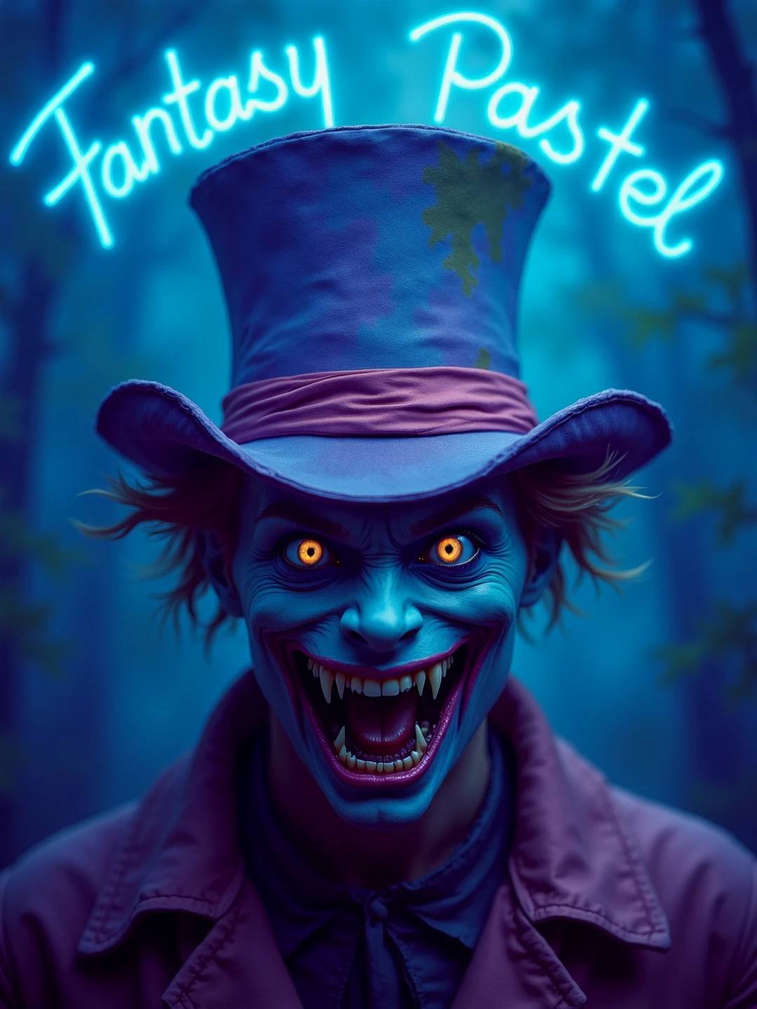 Display blue neon lettering at the top "Fantasy Pastel".

A pastel Mad Hatter, from Alice's Adventures in Wonderland.

He has evil eyes and a dark gash for a mouth. The atmosphere is malevolent.

FntsyPstlCE style