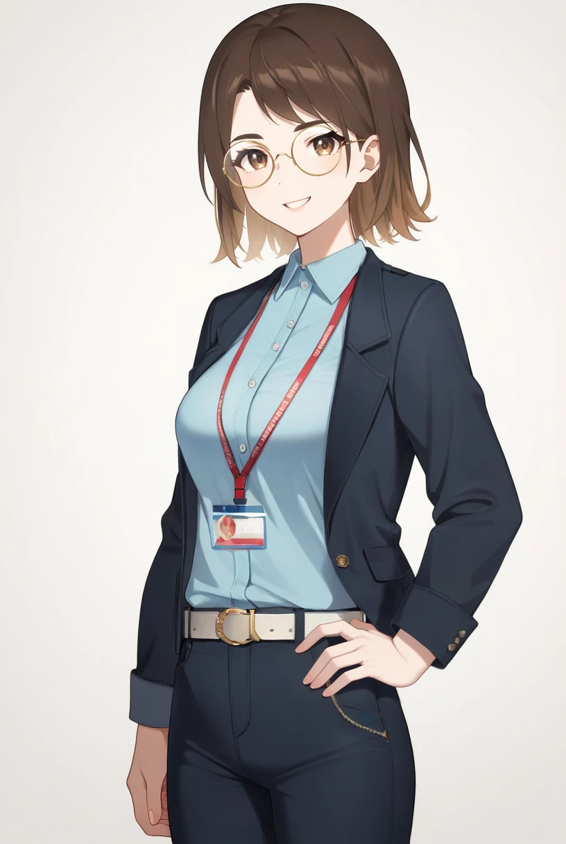 (score_9,score_8_up,score_7_up, ),<lora:GBC_SPCM_pony-000058:1>,
GBC_SPCM,1girl,solo,round eyewear,brown eyes,brown hair,short hair,
shirt,collared shirt,black jacket,open clothes,open jacket,id card,belt,looking_at_viewer,open jacket,simple_background,white_background,cowboy_shot,black pants,smile,hand_on_hip