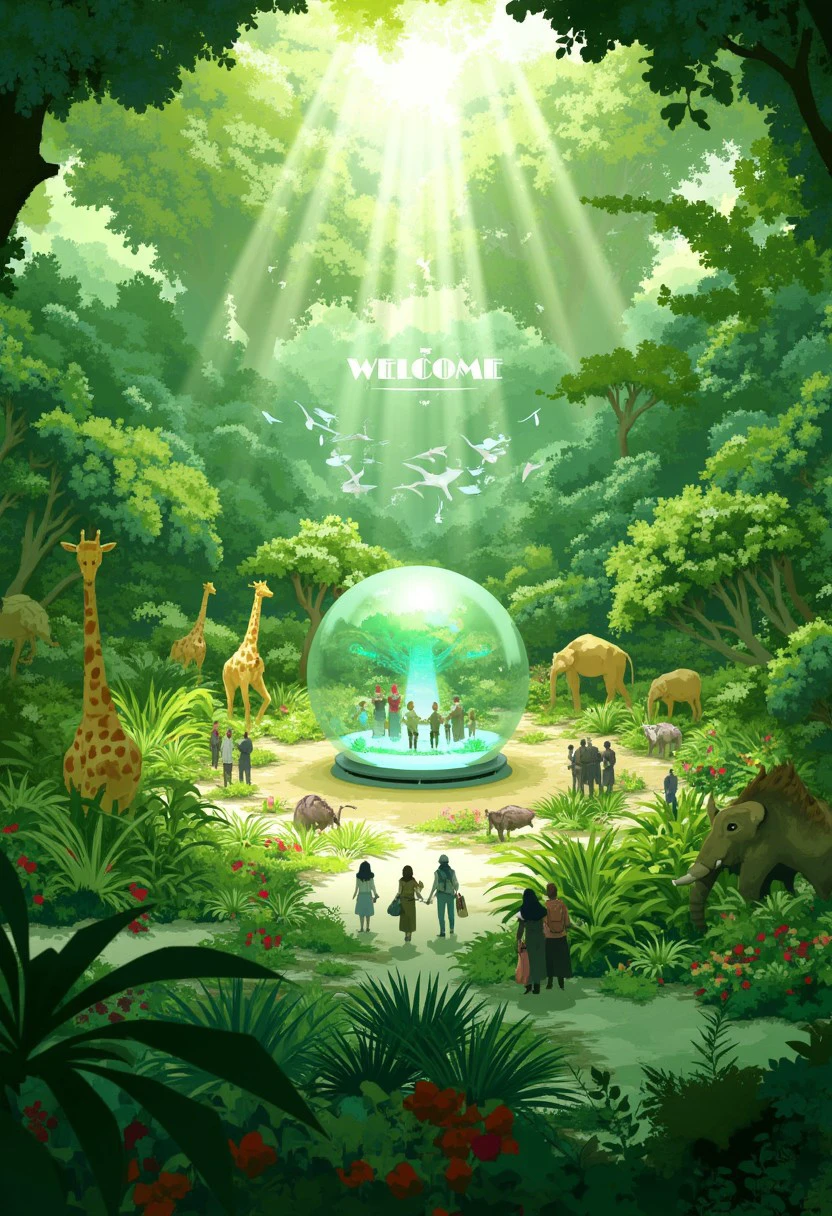 a lush, vibrant jungle scene with a soft, green color palette. The scene features a futuristic glass sphere at its center, where people and animals gather inside, surrounded by glowing holographic displays. The background is filled with dense foliage, trees, and a variety of wildlife, including giraffes, elephants, and birds flying in the distance. The scene is bright and lively, with tropical plants and flowers, and a 'WELCOME' sign illuminated among the vegetation. The overall atmosphere should be inviting, blending nature with advanced technology in a harmonious and imaginative way