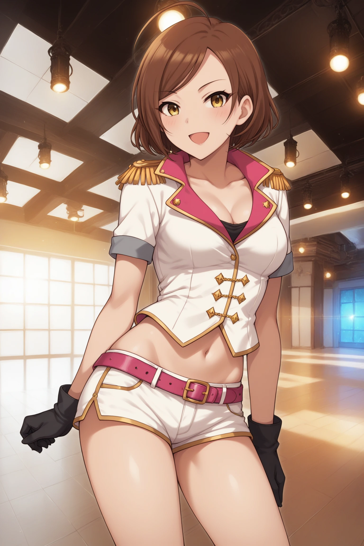 score_9, score_8_up, score_7_up, score_6_up, score_5_up, source_anime, rating_safe, medium breasts, 1girl, solo, looking at viewer, im yujin, brown hair, short hair, ahoge, yellow eyes, long eyelashes, idolmaster cinderella girls, short sleeves, grey sleeve ends, white midriff, pink two-way collar, gold epaulettes, cleavage, collarbone, navel, shorts, short shorts, white shorts, pink belt, black gloves, pink footwear, high heels, <lora:Yujin_Im:0.8>