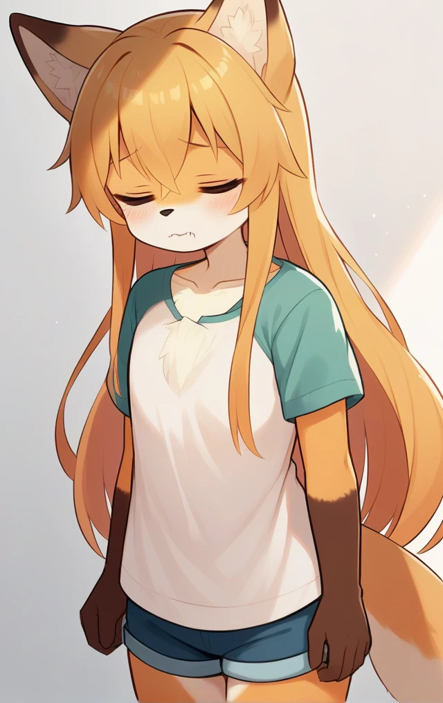 score_9, score_8_up, score_7_up,score_6_up,score_5_up, source_furry, source_cartoon, 1girl, solo, cub, animal ears, long hair, furry female, furry, tail, closed eyes, fox girl, fox tail, fox ears, closed mouth, shirt, white background, looking at viewer, simple background, shorts, fangs, white shirt, sad, cowboy shot, very long hair, short sleeves, brown fur, body fur, short shorts, blonde hair, collarbone, animal nose, bangs, :d, standing, raglan sleeves, animal ear fluff, two-tone fur, hair between eyes, <lora:Kurena_pony_v1:1.2>, krn, <lora:p:0.35>