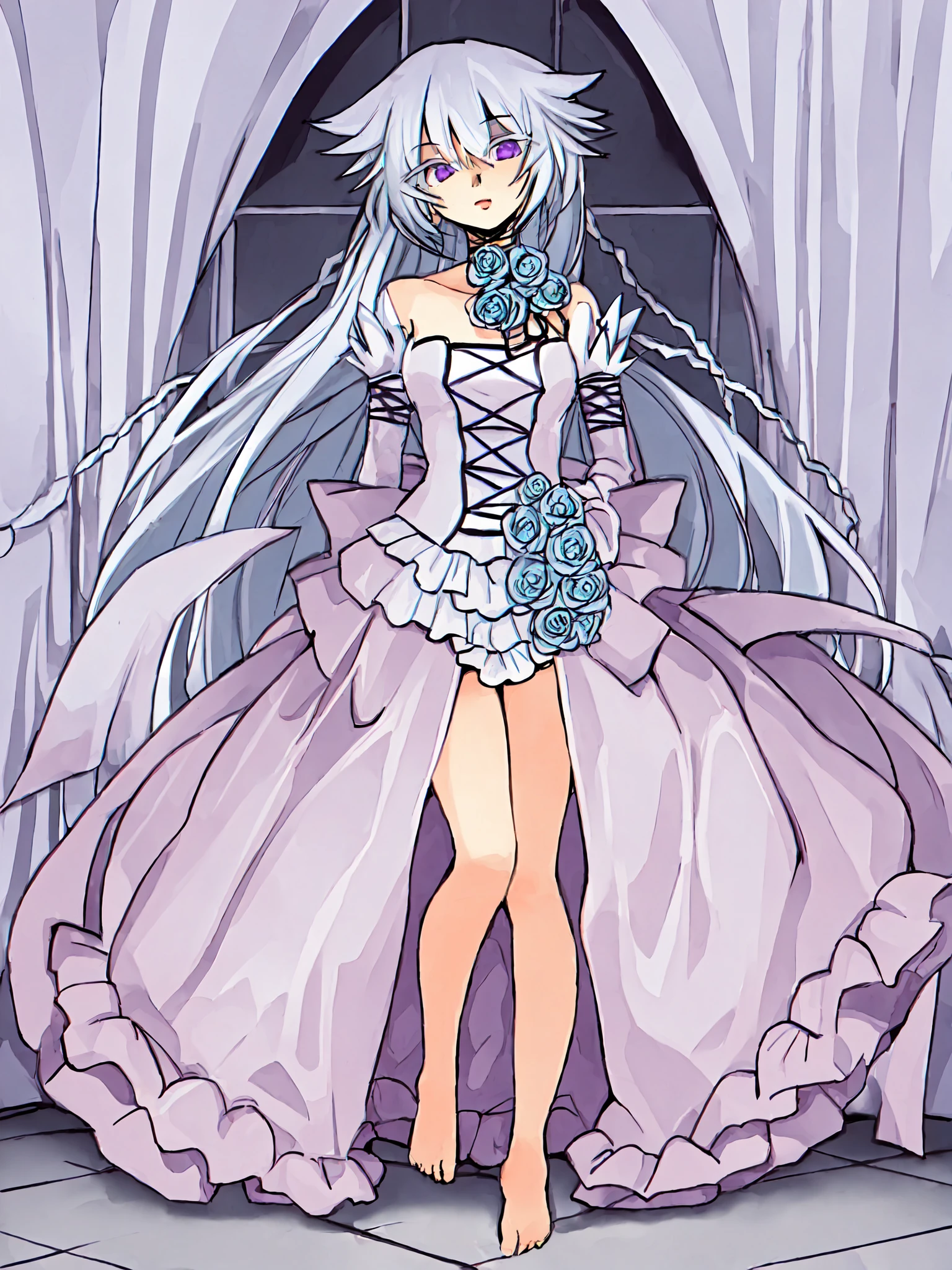 <lora:Will_of_the_Abyss:1>,  will_of_the_abyss, flower, detached sleeves, frills, braid, twin braids ,white dress, breasts, 1girl,  solo, barefoot, long hair, purple eyes, (exceptional, best aesthetic, best quality, masterpiece, extremely detailed),