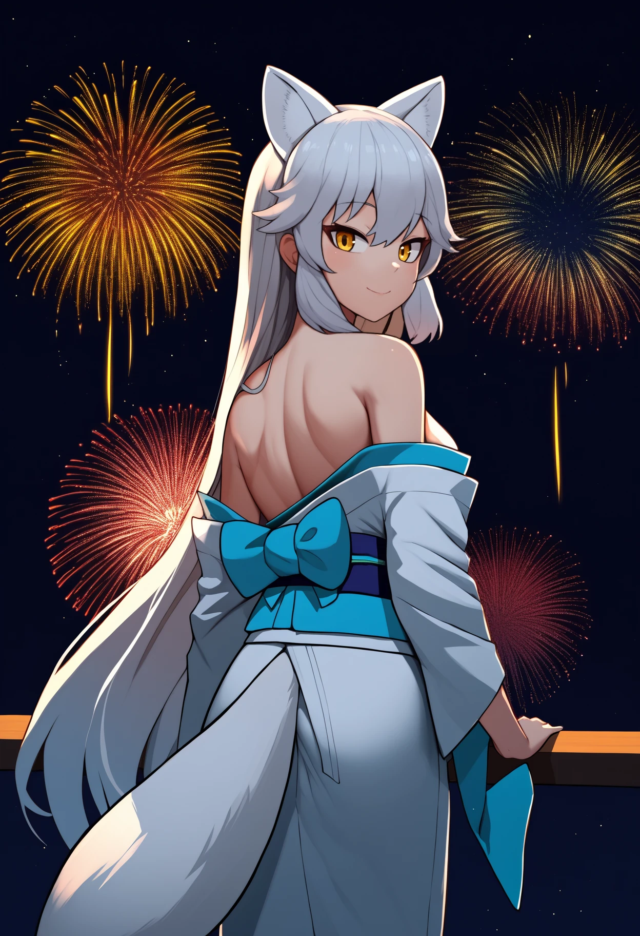 score_9, score_8_up, score_7_up, source_anime, <break> from behind, solo, 1girl, arct1cf0x, fox tail, smile, looking back, white hair, animal ears, extra ears, yellow eyes, japanese clothes, white kimono, off shoulder, blue sash, bare shoulders, fireworks
<segment:yolo-face_yolov8m.pt,0.4,0.5//cid=1>