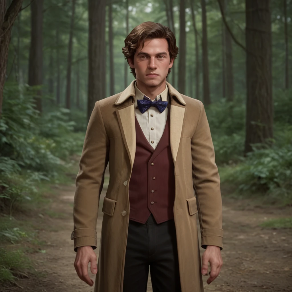 score_9_up, score_8_up, BREAK, StarterOutfit, MaleOutfit, 1boy, solo, brown hair, short hair, brown eyes, shirt, blue bowtie,  vest, long coat, dark pants, cowboy shot, outdoors, forest,  <lora:HogwartsLegacy_StarterOutfit_PXL_Leaf1:1>, looking at viewer, realistic, depth of field,