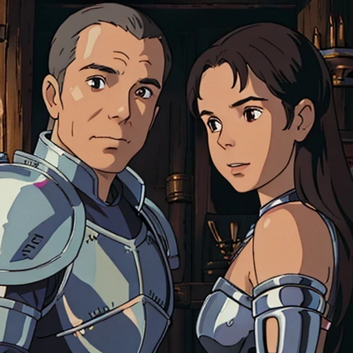 This is a photograph of a man and a woman standing side by side. The man, standing on the left, has a medium build, long, grey hair, long grey beard, and is of Hispanic descent. He is wearing a steel metal armor. His expression is neutral, and he is looking directly at the camera with a subtle smile. He has 50 years old and is standing with a relaxed posture. The woman, standing on the right, has a curvy physique and long, curly dark hair cascading over her right shoulder. She has a medium to dark skin tone and is wearing a steel metal medieval armor. She has 23 years old.