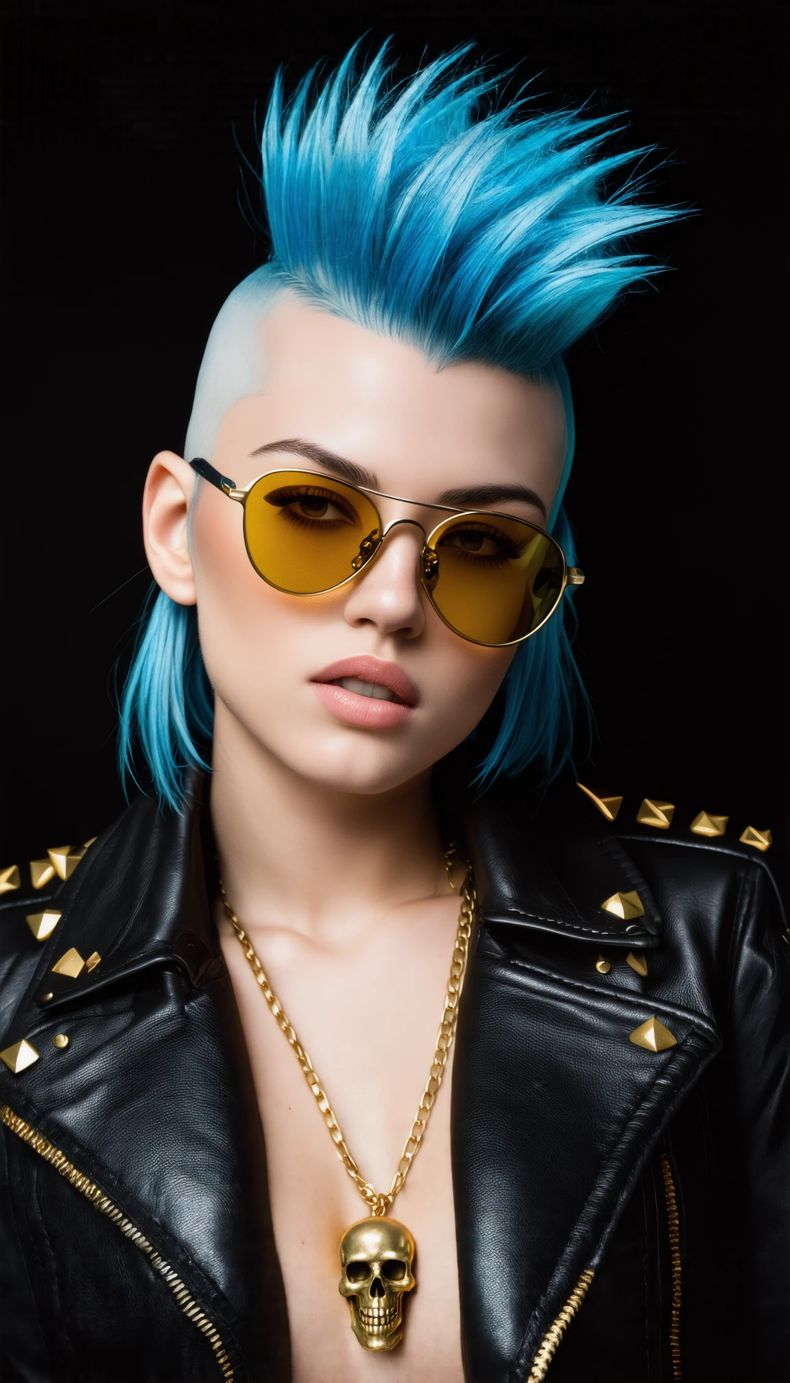 The image is a digital portrait of a young woman with a unique and edgy hairstyle. She has blue hair that is styled in a mohawk-like manner with a shaved head and yellow sunglasses. She is wearing a black leather jacket with gold studs and a gold necklace with a skull pendant. The background is black, making the woman stand out even more. The woman is looking directly at the camera with a serious expression on her face