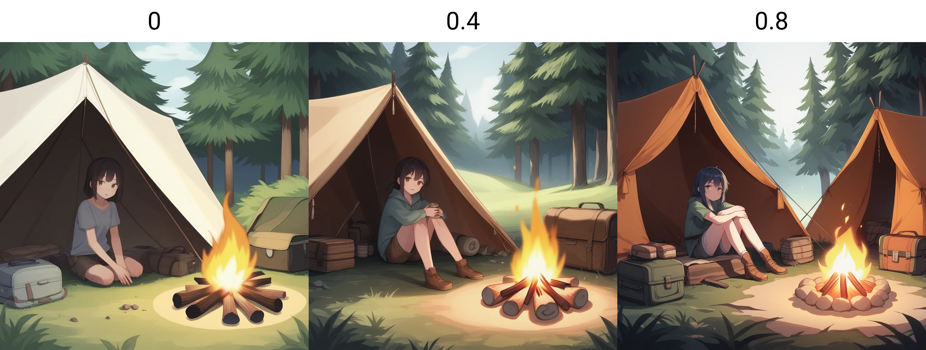 score_9, score_8_up, score_7_up, score_6_up, score_5_up, score_4_up, zPDXL2,source_anime,rating_questionable, 1girl, solo, cowboy shot, looking at viewer, <lora:Campsite:0> c4mps1te, outdoors, campfire, tent, night