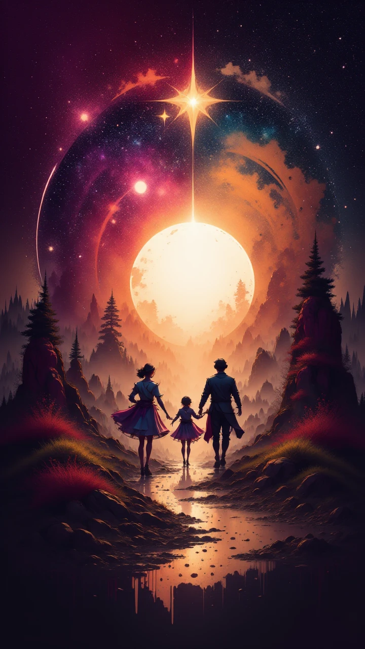 landscape of a world of pure and unadulterated magic fills the screen as a group of stars in shimmering suits dance around a glowing orb. The sky is painted with hues of orange, pink, and purple, aidmainkstyle