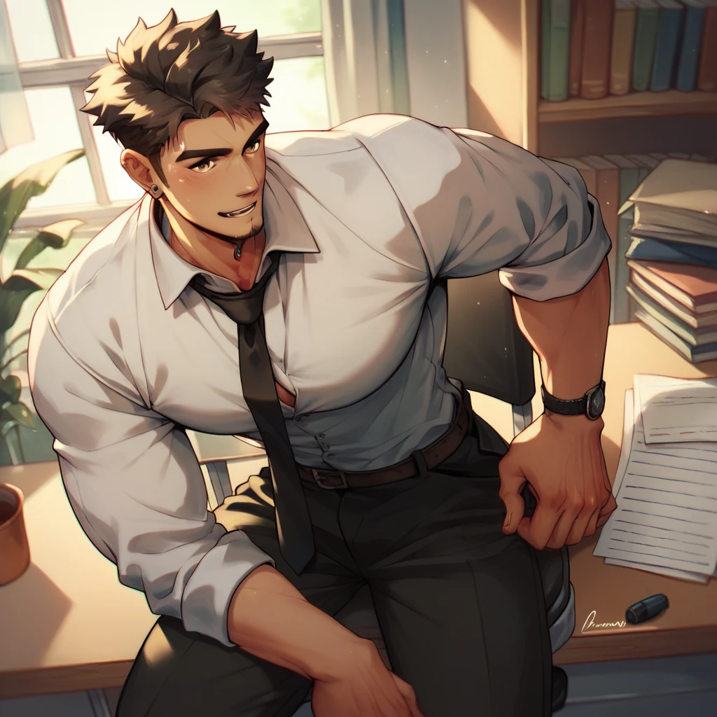 score_9, score_8_up, score_7_up, score_6_up, smooth coloring, 1man, solo, male focus, bara, white shirt, necktie, black tie, formal pants, office, sitting over chair, desk <lora:doodlefishStyle:0.7>