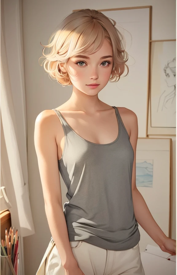 best quality,masterpiece,highly detailed,ultra-detailed,   
1girl, tanktop <lora:sketch_V05:1> colored pencil \(medium\),sketching, soft color