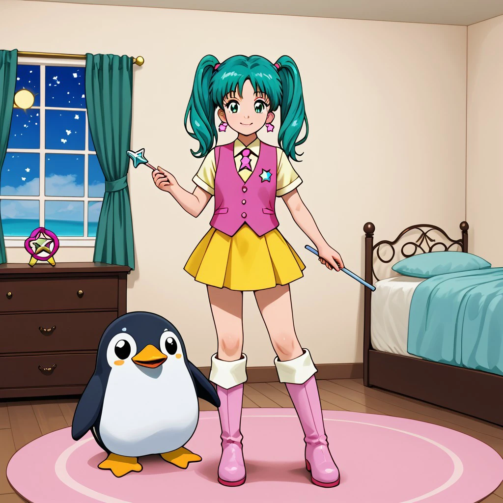 1girl, solo, Mint, green eyes, green hair, twintails, star (symbol), star earrings, jewelry, yellow dress, vest, pink vest, short sleeves, skirt, boots, knee boots, white boots, wand, smile, full body, standing, bedroom, penguin, front view