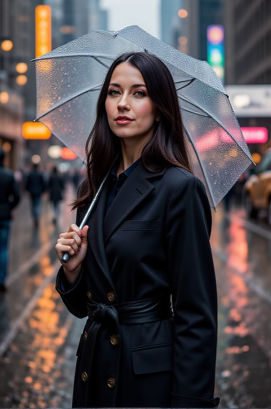 A full-body picture of a woman with dark hair and striking green eyes, walking through a rainy street in a modern city. She wears a long black trench coat and holds a clear umbrella. Neon signs from nearby buildings reflect on the wet pavement, casting colorful glows around her. Her expression is calm, with a hint of a smile as the rain falls softly,alxxxcoal <lora:alexcoal-000008:1>