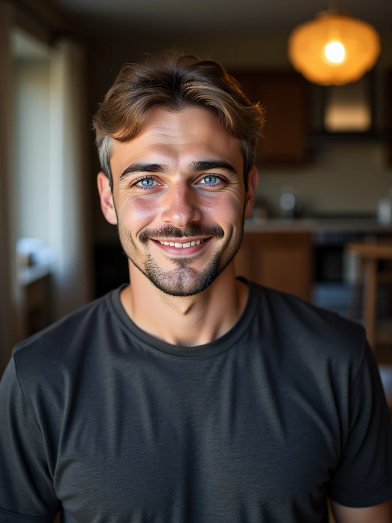 Iskender, blue eyes, standing in his living room. He smiles into camera and feels catched.