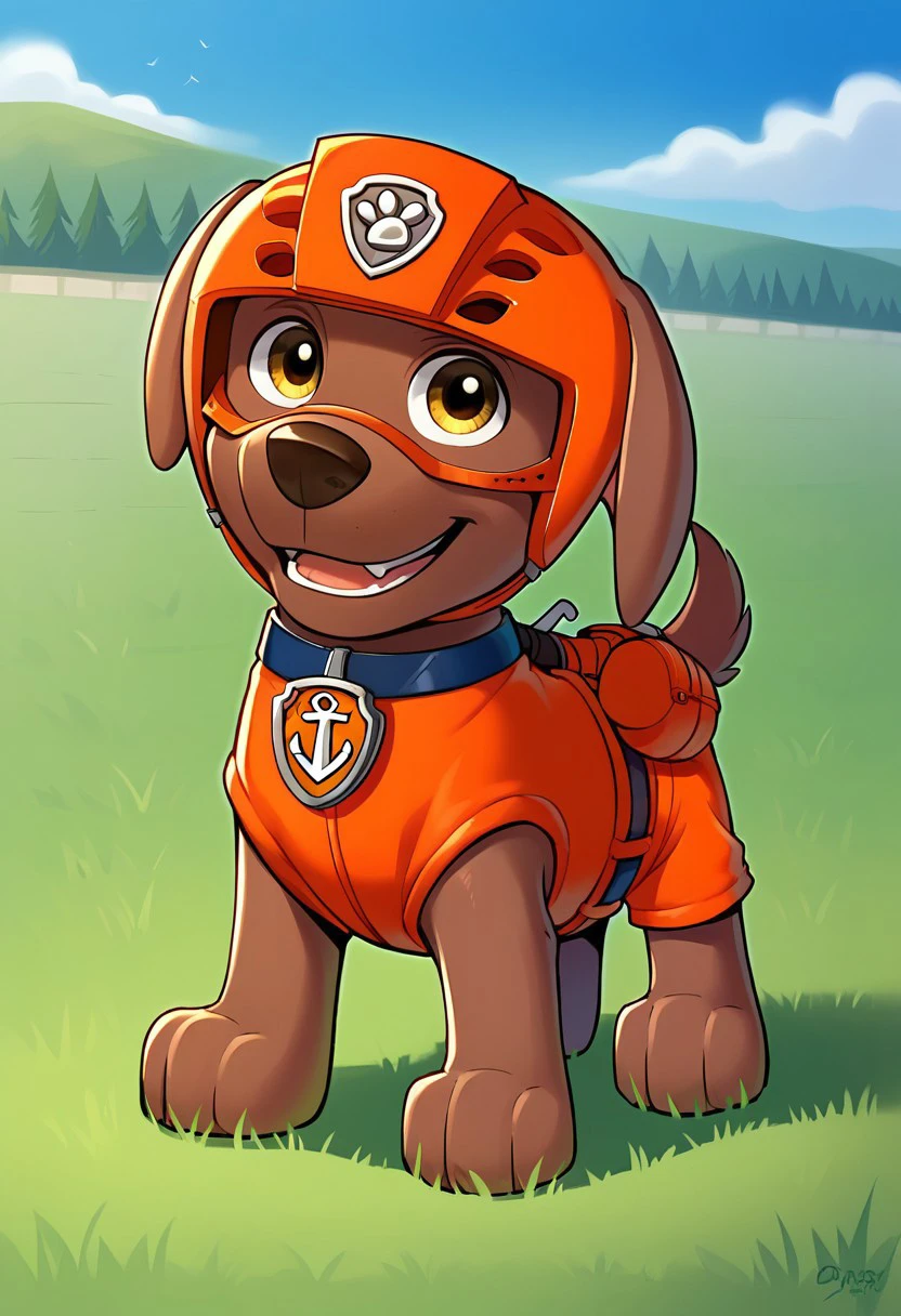 BREAK Score_9_up, Score_8_up, Score_7_up, source_anime, 1boy, solo, Zuma_Pp, dog, feral, wild, dark blue necklace, brown fur, amber eyes, dark blue necklace, orange water helmet, orange vest, orange shorts, grass, day,