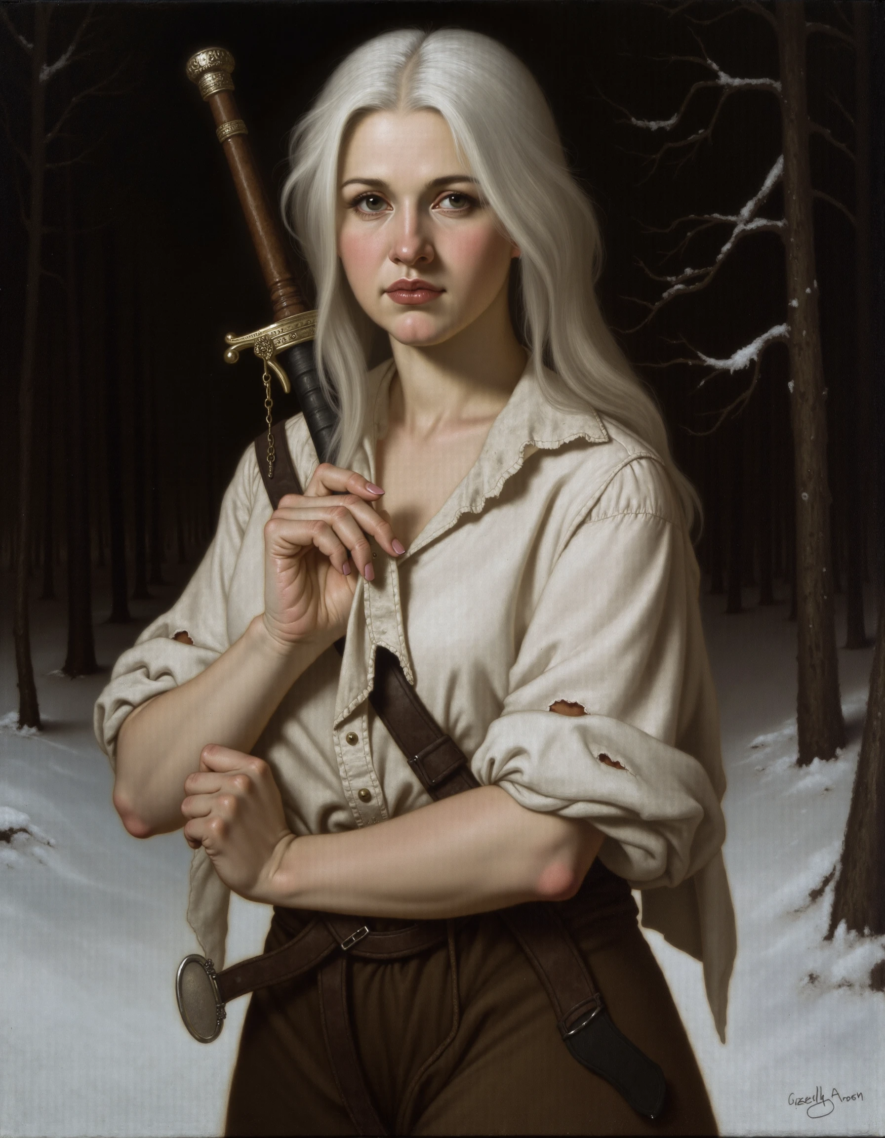 <lora:Style_of_Roberto_Ferri (Civitai):0.8>, 19th-century Victorian oil painting by Robero Ferri
of a white haired young woman, upper body portrait closeup. Ciri wearing white ragged loose blouse ciri_w3_outfit torn cloth, sword holster belt over the shoulder, large sword strapped to her back, ciri_w3 standing in the snow with a dark pine forest in the background.