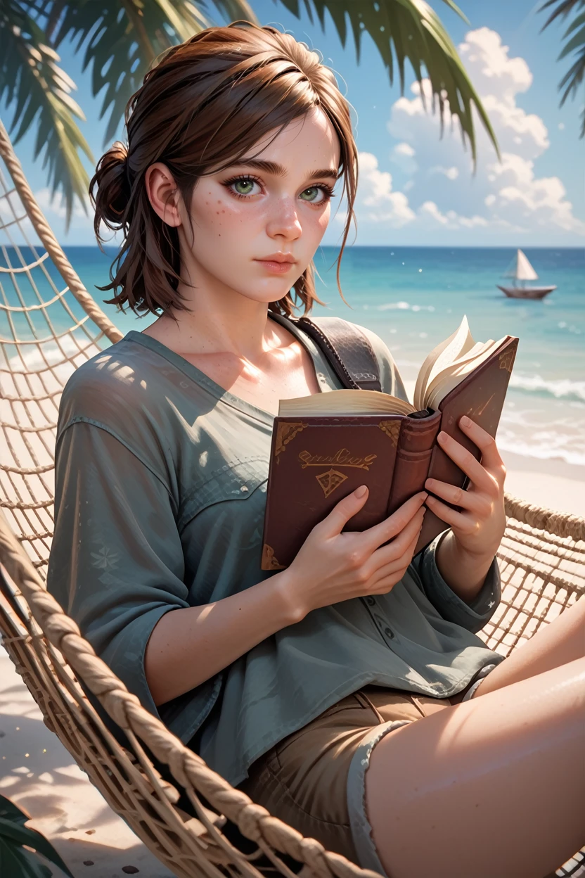 score_9, score_8_up, score_7_up, score_6_up
<lora:TLOU2Ellie:0.8>
TLOU2Ellie, 1girl, brown hair, green eyes, looking at viewer, laying in a hammock, reading a book, tropical beach with palm trees swaying, clear blue sky and ocean, tranquil and leisurely setting