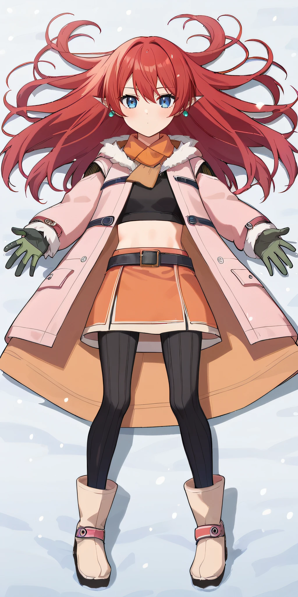 score_9, score_8_up, score_7_up, source_anime, rating_safe, intricate details, anime screencap, official style, 1girl, <lora:Raven:1>, toona, red hair, blue eyes, long hair, pointy ears, earring, black crop top, orange scarf, fur-trimmed jacket, open pink jacket, belt, orange mini_skirt, thighs, green gloves, black pantyhose, boots, midriff, looking at viewer, lying on snow, snowfall, outstretched hands, spread legs, blush, expressionless, full body