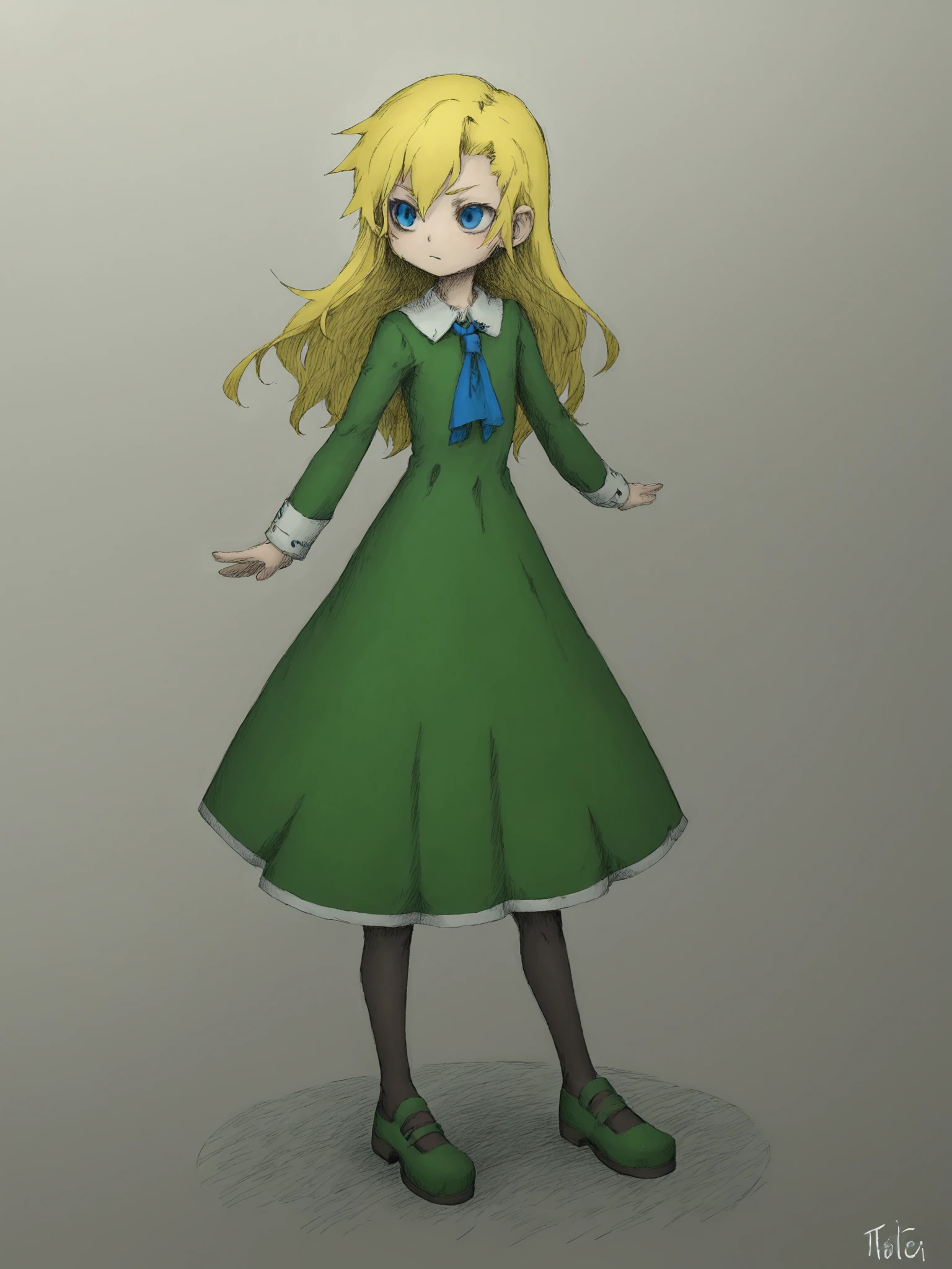 score_9, score_8_up, score_7_up, uncensored, ib,   
1girl, mary (ib), solo, long hair, flat_chest, blue eyes, blonde hair, long sleeves, dress, pantyhose, shoes, green dress,