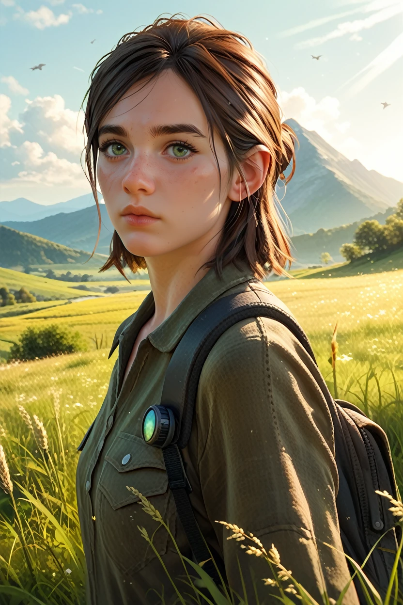 score_9, score_8_up, score_7_up, score_6_up
<lora:TLOU2Ellie:0.8>
TLOU2Ellie, 1girl, brown hair, green eyes, looking at viewer, standing in a field during the golden hour, hand gently brushing through tall grass, mountains in the distance, warm sunlight casting a glow, serene and connected to nature