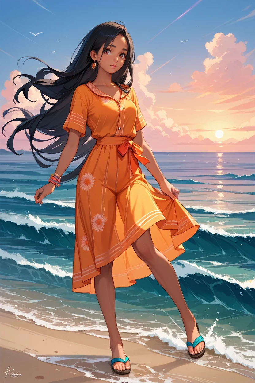 score_9, score_8_up, score_7_up, score_6_up
<lora:FFrey:0.8>
FFrey, 1girl, black hair, long hair, brown eyes, dark skin, looking at viewer, walking barefoot on a sandy beach, holding sandals in one hand, waves gently lapping at the shore, vibrant sunset with pink and orange hues, relaxed and contemplative atmosphere