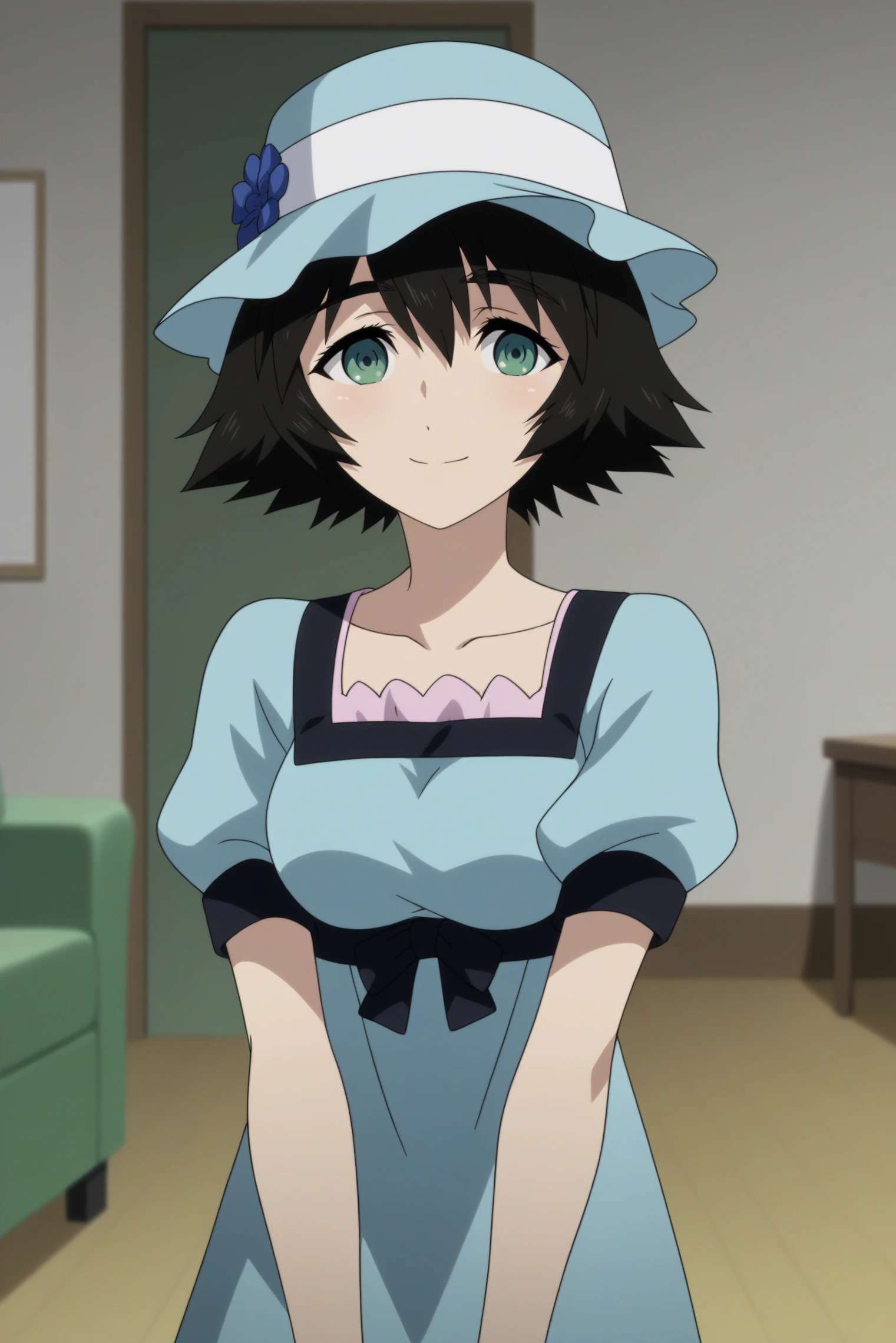 1girl,solo,mayuri shiina,short hair,hat,thick eyebrows,collarbone,dress,green eyes,short sleeves,indoors,smile <lora:Mayuri_Shiina_-_SteinsGate.safetensors:0.8>