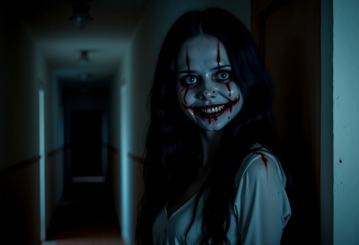 The image is a dark, eerie realistic scene from a horror movie, showcasing a character in a dimly lit, narrow corridor. The subject is an older woman 34 years of age with pale skin and long, dark hair, her face is painted as an evil clown face with sharp teeth, giving her an otherworldly appearance and smiling in an evil way. She has a small, dark tear running down her cheek, adding to the unsettling atmosphere.