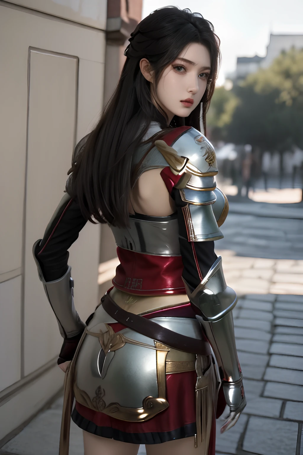 masterpiece,best quality,ultra detailed,photorealistic,1 women,solo,hip up,from behind,looking back,<lora:lxmix:0.6>,lxmix,<lora:Millia outfit:0.7>,Millia outfit,armor,
