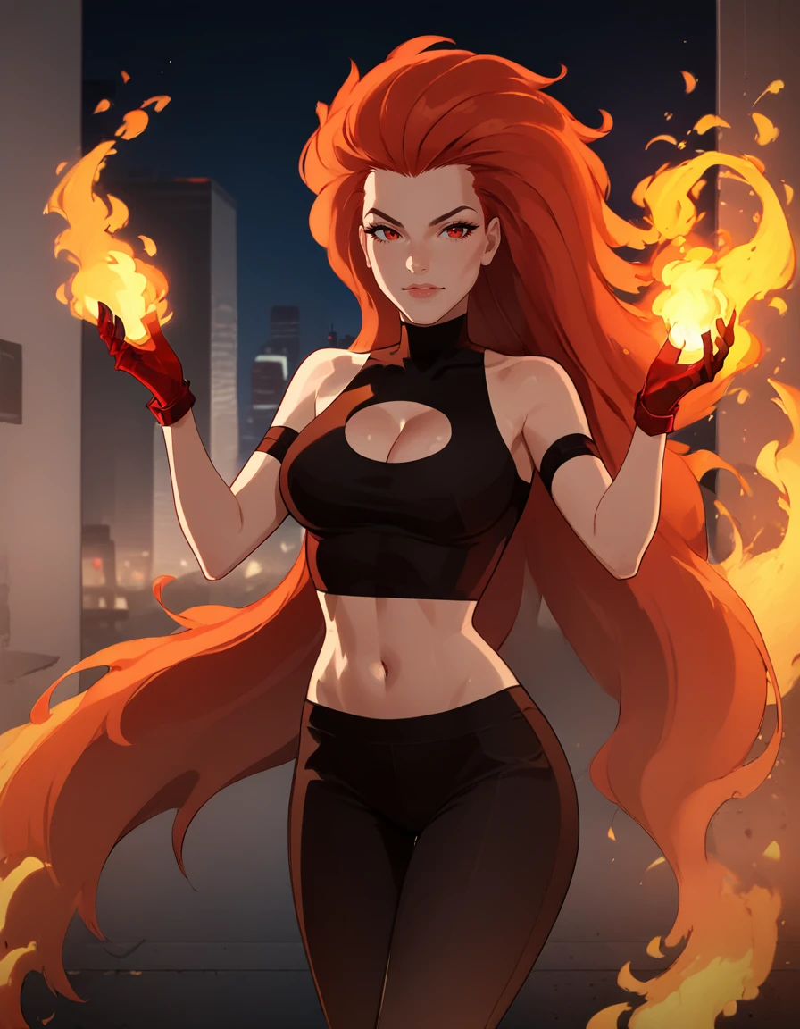 Ugly score_9, score_8, score_7, 1girl, solo, expression, cowboy shot, clothing cutout, black bralette, midriff, gloves, very long hair, red hair, red eyes,  black pants, night, night sky, cityscape, standing, big hair, cleavage, full body, shiny, hands on fire, hands up, turning, implied motion, <lora:Vulcana-000013:1> , <lora:ninjartist_v3:0.5>,  <lora:Expressive_H:0.5> Expressiveh