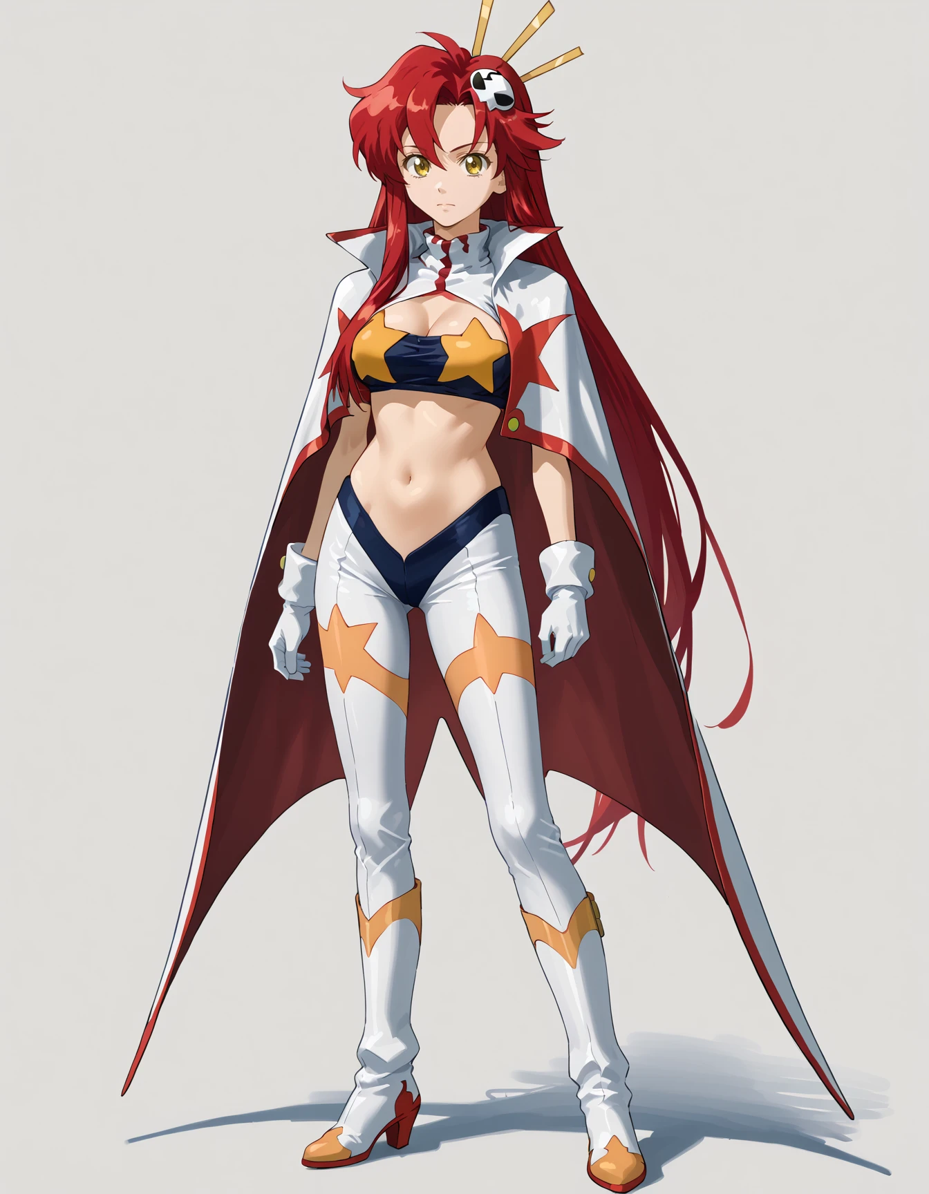 yoko littner, red hair, long hair,  <lora:Yoko_Littner_Original_Space__Teacher_Outfit-000019:1> space yoko, star bra, white pants, white gloves, sleeveless, shoulder cloak, hair ornament, front view, simple background, full body, 1girl, solo, simple background