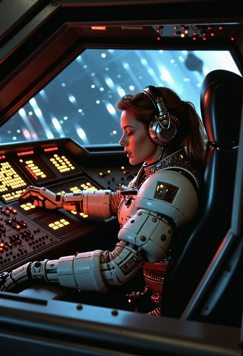 high-quality, masterpiece, Cyborg pilot gripping the controls of a damaged spacecraft, sparks flying from the dashboard as alarms blare, Her face is tense focused on survival, POV shot, set in the cockpit of a futuristic fighter, stars streaking past the windows, Her mechanical arm twitches with each command, (elaborately detailed attire with extraordinary elements:1.1), (hyperdetailed:1.1), (intricate details:1.0), (Refined details:1.1), (best quality:1.1), (high resolution:1.2)