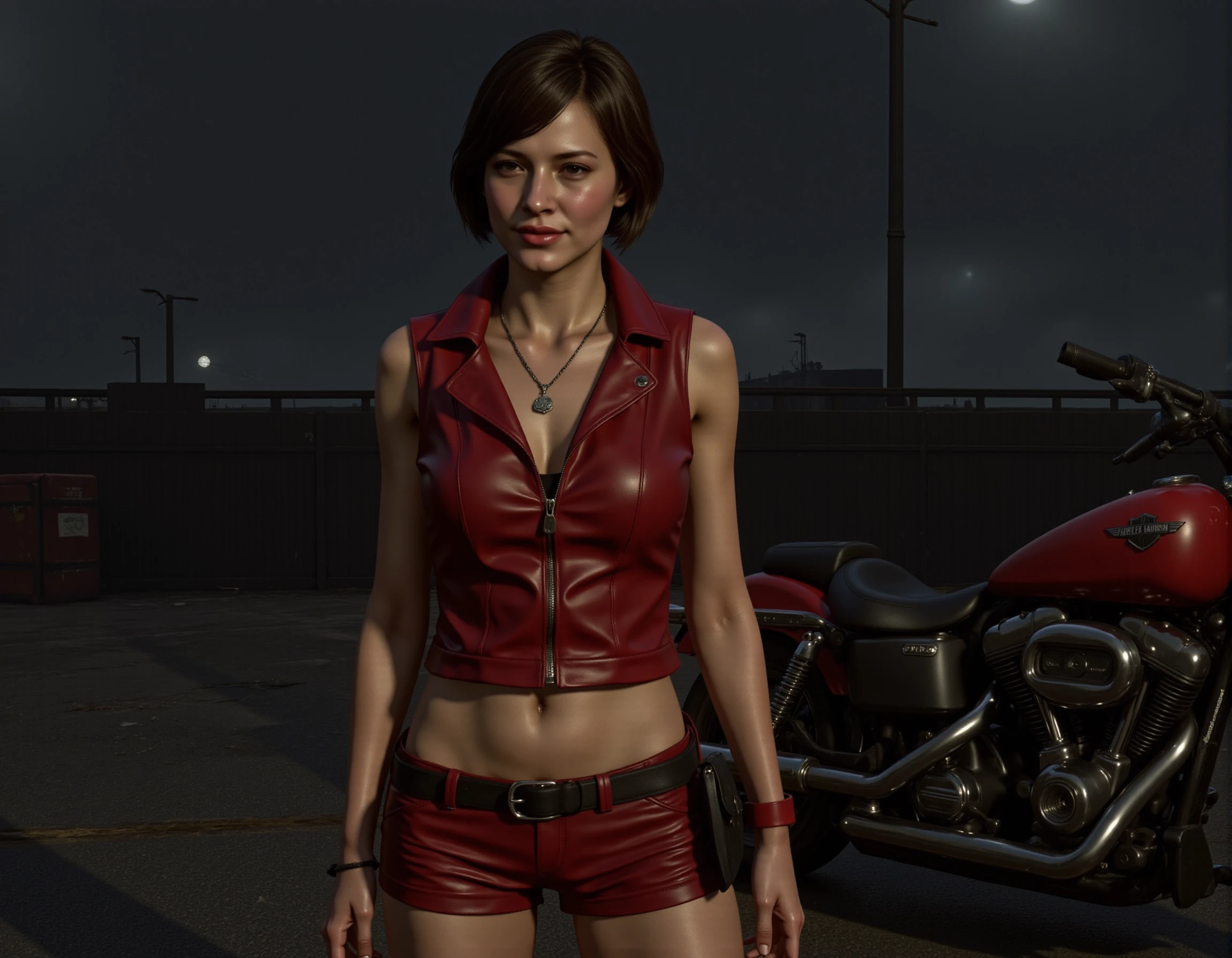 <lora:AntiBlur:3>, <lora:Resident_Evil_Remake_Style-000001:1>, Resident_Evil_Style
A realistic digital image featuring a young woman with a rugged, adventurous appearance. She has a athletic build and is dressed in a sleeveless, red leather jacket with a fitted design, paired with matching red shorts. Her dark hair is tied back, revealing a determined expression. A silver necklace with a small pendant hangs around her neck, adding a touch of elegance to her outfit. To her right, a red motorcycle is parked, with a black seat and chrome accents, bearing the logo "Harley-Davidson." The motorcycle's presence suggests a gritty, urban setting, possibly a garage or a street scene. The background is dark and rainy, with a subtle gradient of gray and black tones, indicating a stormy atmosphere. The woman's outfit and the motorcycle's presence evoke a sense of adventure and toughness, hinting at a character from a gritty, action-packed story. The overall mood is intense and dramatic, with a focus on the woman's resilience and determination. The image's texture and lighting suggest a realistic, cinematic quality, typical of modern video games or high-end digital art. The woman's confident stance and the motorcycle's presence dominate the scene, creating a powerful and engaging visual experience. The image's color palette is dark and muted, with the red of the woman's outfit and the motorcycle standing out against the somber background. The overall atmosphere is gritty and intense, fitting for a character from a strong, adventurous narrative.